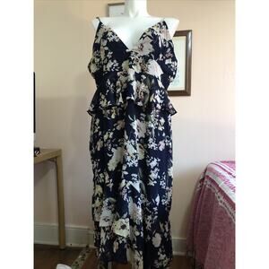 NWT Boohoo Sleeveless Tiered Dress Size 20 Navy Blue Peplum Floral Cottage